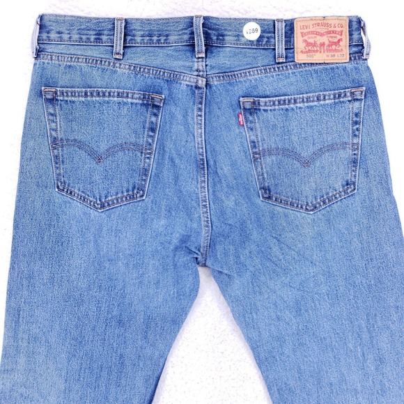 Levis 505 Jeans Denim Cotton Men SZ 38x32 Blue Straight Stretch VTG Mid Rise 90s - Picture 6 of 12